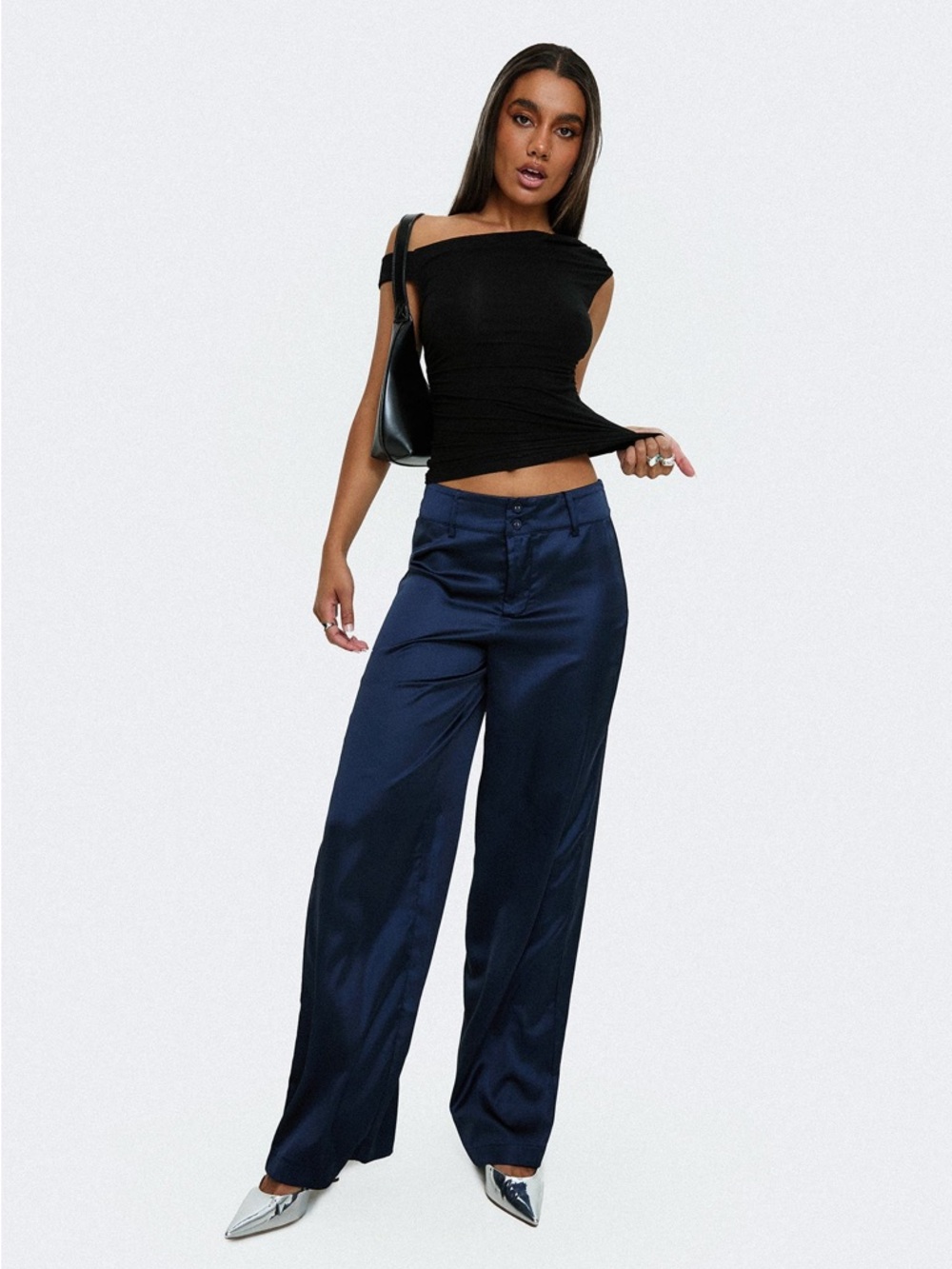 Princess Polly Navy Wide Leg Satin Trousers